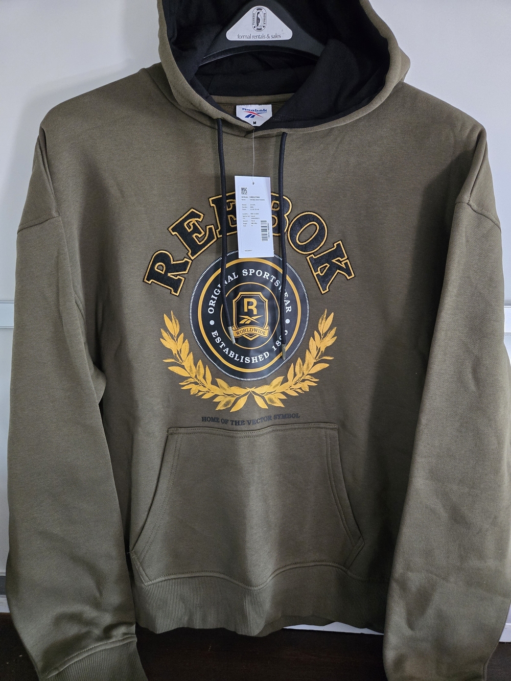Reebok Men's Olive Green Pullover Hoodie with Embroidered Crest